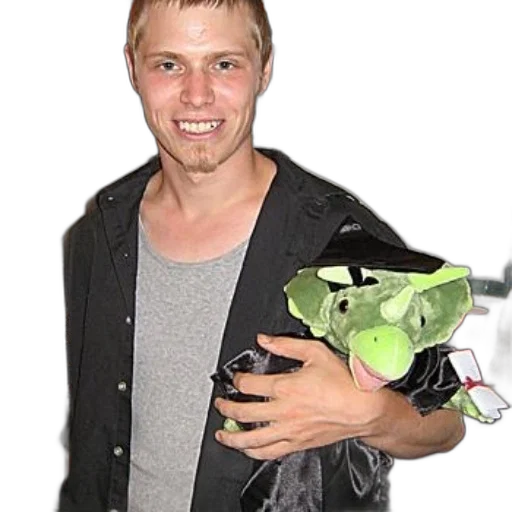 jacket, creature, man, kitchen, holds, green, stuffed, animal transparent PNG cut-out