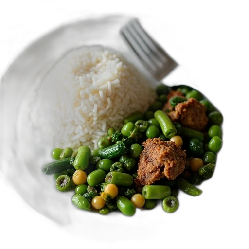 food, 3d render, photorealistic, plate, mound, white, rice, left transparent PNG cut-out