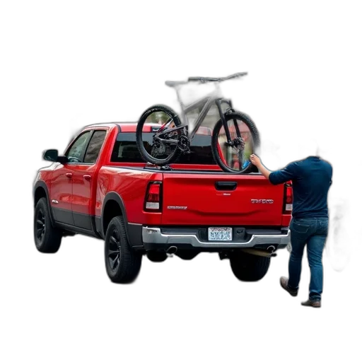 car, concept art, 3d render, man, pushing, red, pickup, truck transparent PNG cut-out