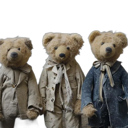 three, vintage, teddy, bears, various, outfits, stand, before transparent PNG cut-out
