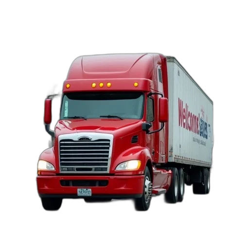 photorealistic, red, white, semi-truck, word, welcome, side, driving transparent PNG cut-out