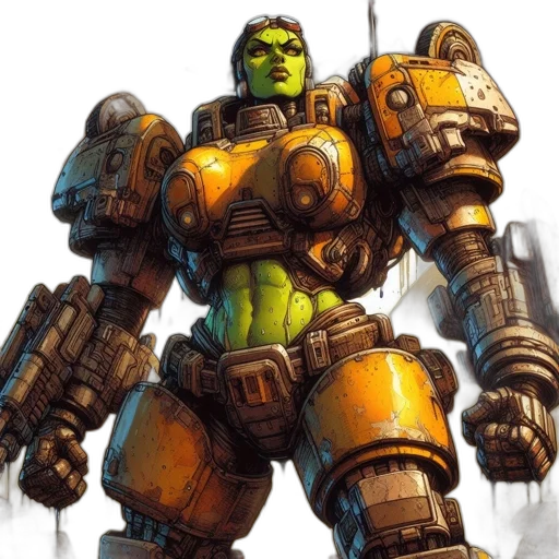 robot, weapon, concept art, fantasy art, comic book art, 3d render, green, green-skinned transparent PNG cut-out