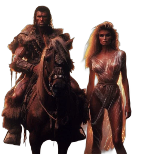 concept art, fantasy art, comic book art, fire, earth tones, man, horse, woman transparent PNG cut-out