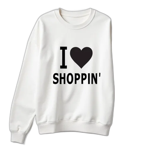 white, sweatshirt, graphic, design, reads, love, shoppin, black transparent PNG cut-out