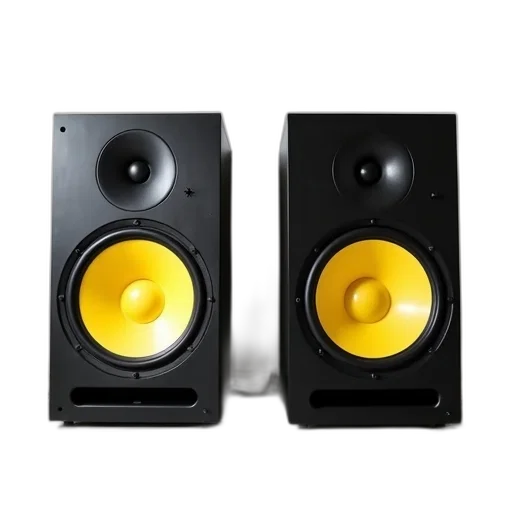 3d render, photorealistic, two, large, black, speakers, yellow, accents transparent PNG cut-out