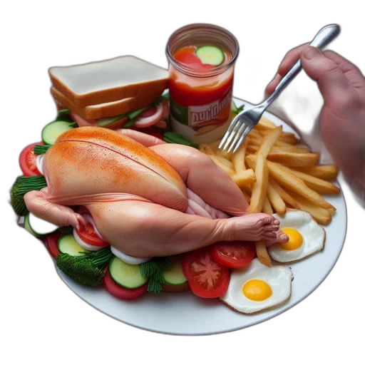food, 3d render, photorealistic, meticulously, arranged, plate, features, roasted transparent PNG cut-out