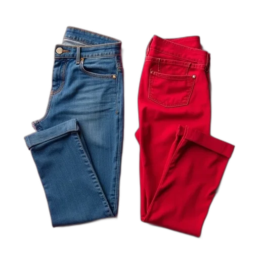 red, colorful, pair, blue, jeans, pants, laid, out transparent PNG cut-out