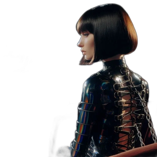 hair, robot, jacket, cyberpunk, concept art, 3d render, photorealistic, outer space transparent PNG cut-out
