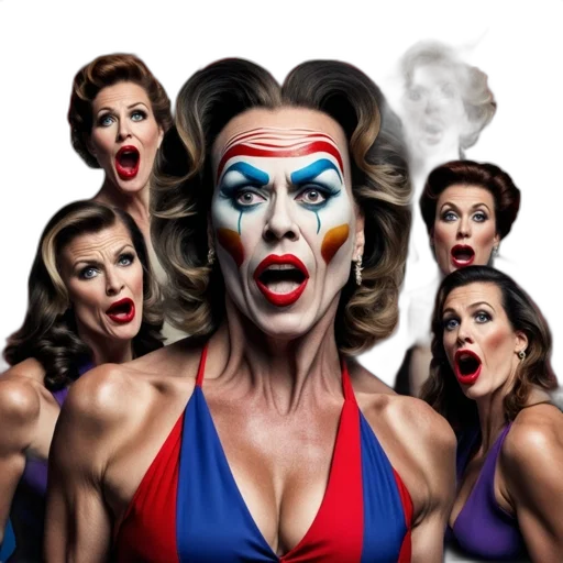 six, women, unique, makeup, expressions, stand, before, red-and-white transparent PNG cut-out