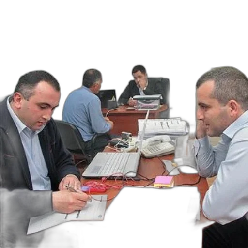 staff, two, men, sit, desk, papers, laptop, engaged transparent PNG cut-out