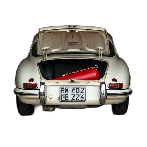 car, 3d render, photorealistic, concept art, white, vintage, damaged, rear transparent PNG cut-out