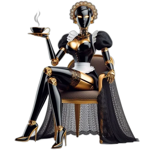 robot, concept art, fantasy art, golden, black, robotic, figure, white transparent PNG cut-out