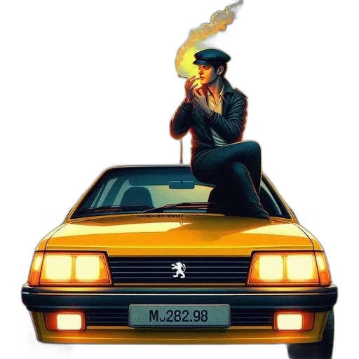 car, hat, staff, jacket, concept art, pixel art, cyberpunk, vaporwave transparent PNG cut-out