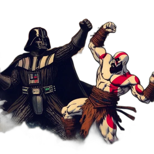 comic book art, concept art, fantasy art, darth, vader, kratos, engage, combat transparent PNG cut-out
