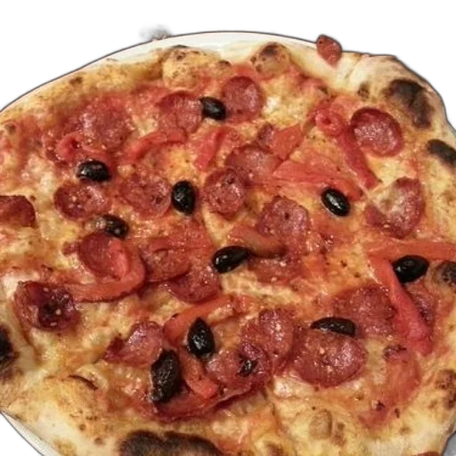 food, 3d render, photorealistic, pizza, pepperoni, olives, red, peppers transparent PNG cut-out