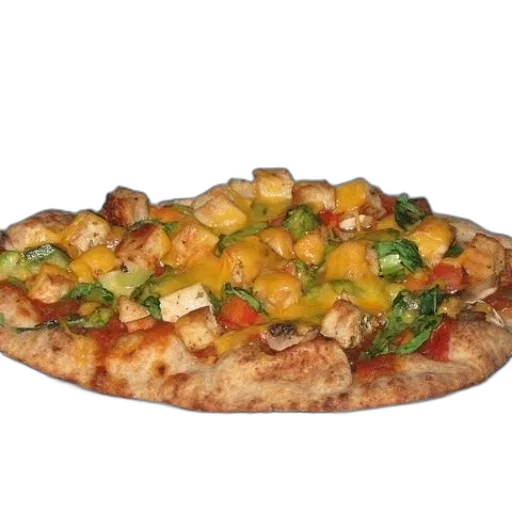 food, 3d render, photorealistic, pizza, cheese, chicken, peppers, spinach transparent PNG cut-out