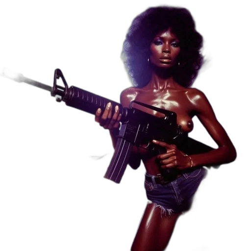 weapon, concept art, comic book art, woman, afro, hairstyle, holds, large transparent PNG cut-out