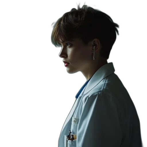 jacket, staff, hair, photorealistic transparent PNG cut-out