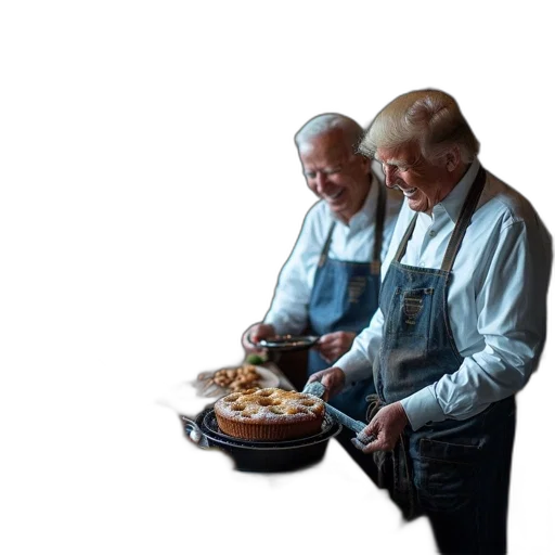 food, staff, jacket, photorealistic, 3d render, two, elderly, men transparent PNG cut-out
