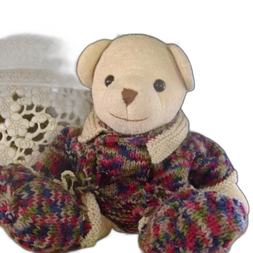 teddy, bear, wearing, sweater, pants, sits, table, front transparent PNG cut-out