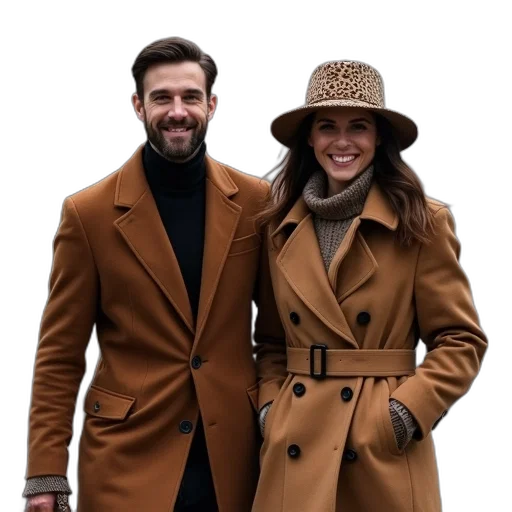 jacket, hat, earth tones, man, woman, walking, together, wearing transparent PNG cut-out