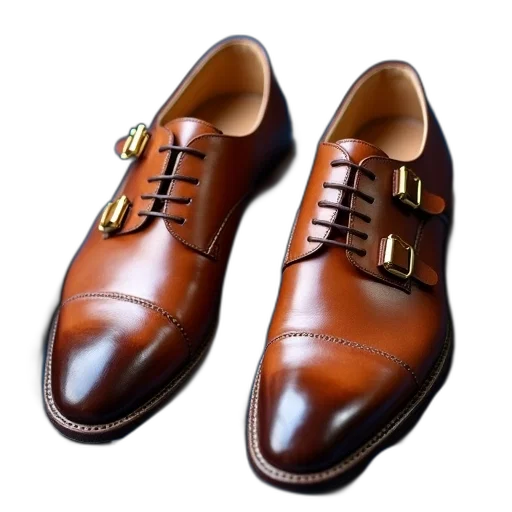 shoes, photorealistic, 3d render, pair, brown, leather, dress, gold transparent PNG cut-out
