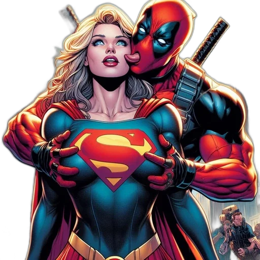 comic book art, concept art, supergirl, deadpool, engage, playful, moment, against transparent PNG cut-out