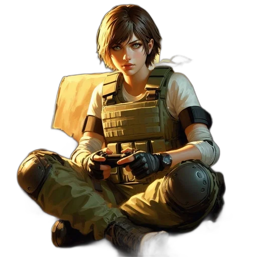 weapon, face, staff, jacket, concept art, pixel art, photorealistic, comic book art transparent PNG cut-out