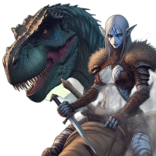 dragon, sword, fantasy art, concept art, photorealistic, comic book art, t-rex, female transparent PNG cut-out