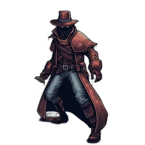 jacket, staff, hat, concept art, comic book art, pixel art, fantasy art, dark transparent PNG cut-out