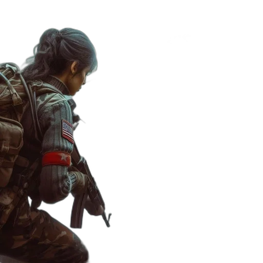 weapon, jacket, concept art, 3d render, cyberpunk, green, female, soldier transparent PNG cut-out