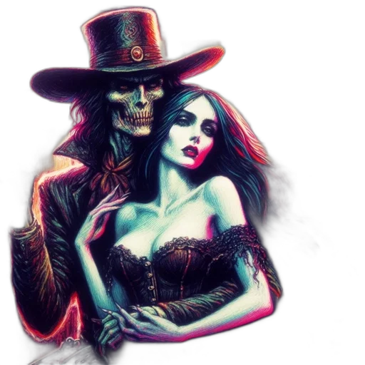 hat, comic book art, fantasy art, concept art, pixel art, skeletal, cowboy, pistol transparent PNG cut-out