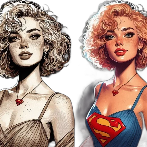 comic book art, concept art, cartoon, fantasy art, female, character, shown, side-by-side transparent PNG cut-out