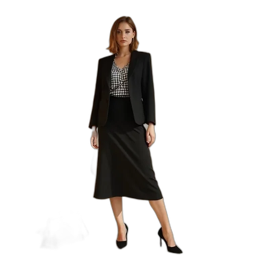 dress, jacket, monochrome, dark, woman, standing, room, beige transparent PNG cut-out