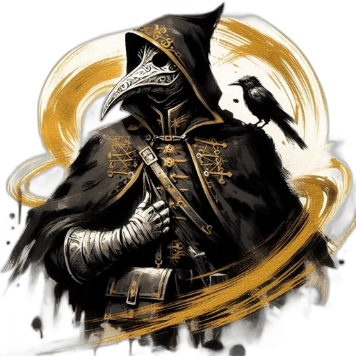 mask, sword, jacket, staff, concept art, fantasy art, comic book art, pixel art transparent PNG cut-out