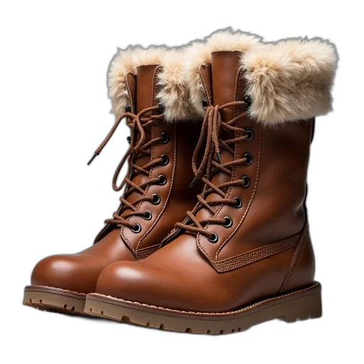 shoes, pair, brown, leather, boots, fluffy, fur, lining transparent PNG cut-out