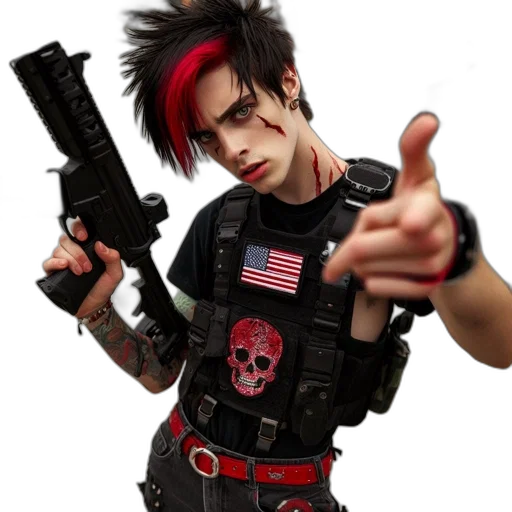 weapon, cyberpunk, concept art, youthful, figure, vibrant, red, hair transparent PNG cut-out