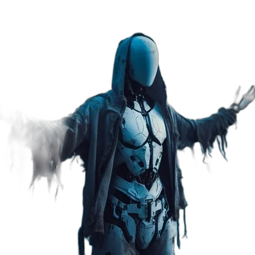 jacket, mask, robot, creature, concept art, cyberpunk, comic book art, 3d render transparent PNG cut-out