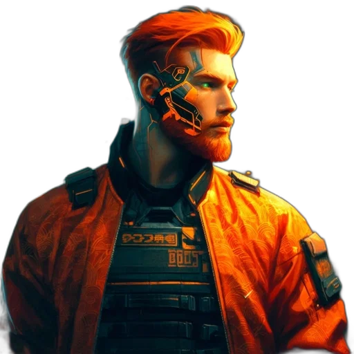 jacket, face, staff, robot, cyberpunk, concept art, pixel art, comic book art transparent PNG cut-out