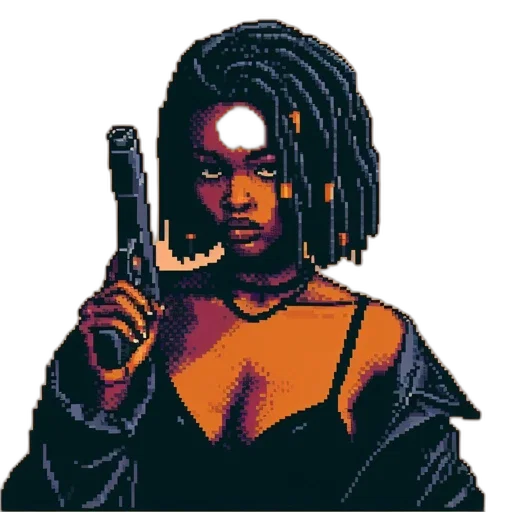 weapon, staff, jewelry, jacket, pixel art, cyberpunk, comic book art, concept art transparent PNG cut-out