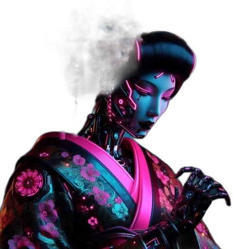 robot, staff, mask, face, cyberpunk, concept art, fantasy art, vaporwave transparent PNG cut-out