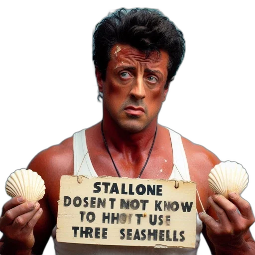 photorealistic, concept art, man, distress, holds, sign, saying, stallone transparent PNG cut-out