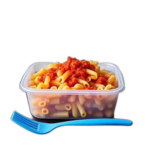 food, 3d render, photorealistic, clear, plastic, container, filled, cooked transparent PNG cut-out
