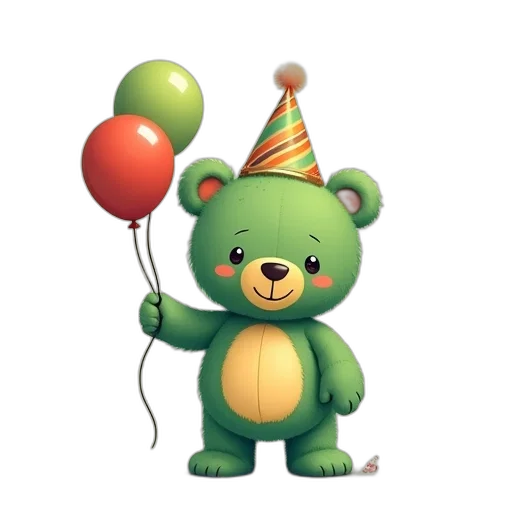 3d render, happy, green, teddy, bear, wearing, party, hat transparent PNG cut-out