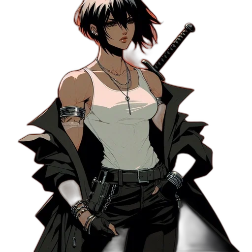 weapon, staff, jacket, sword, concept art, cyberpunk, comic book art, pixel art transparent PNG cut-out