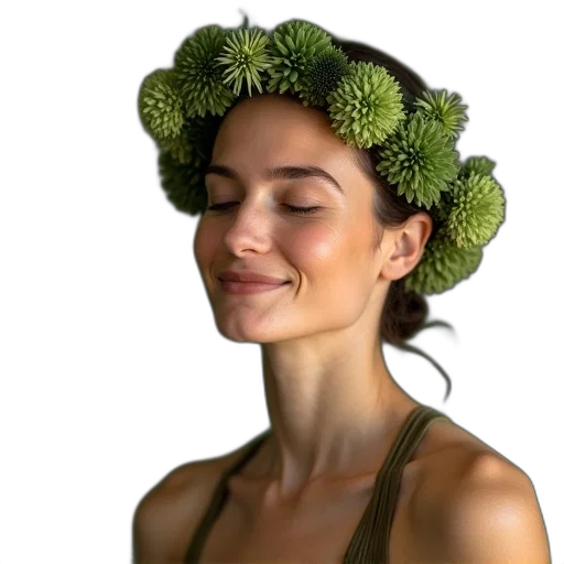 crown, hat, face, flower, photorealistic, green, woman, wearing transparent PNG cut-out
