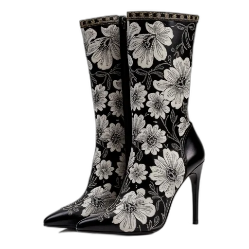 shoes, pair, high-heeled, boots, detailed, floral, pattern, upper transparent PNG cut-out