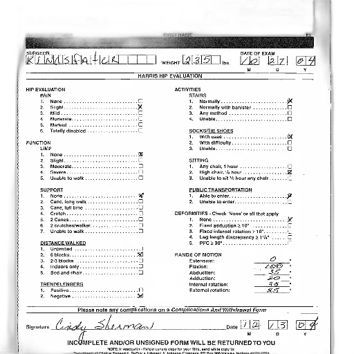 hip, evaluation, form, various, sections, filled, out, including transparent PNG cut-out