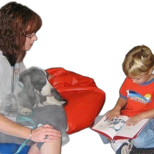 photorealistic, woman, child, read, dog, bean, bag, chair transparent PNG cut-out