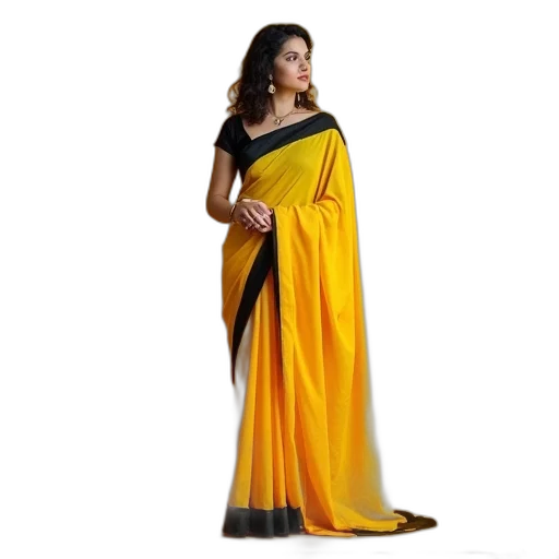 dress, golden, woman, standing, yellow, sari, black, contrast transparent PNG cut-out